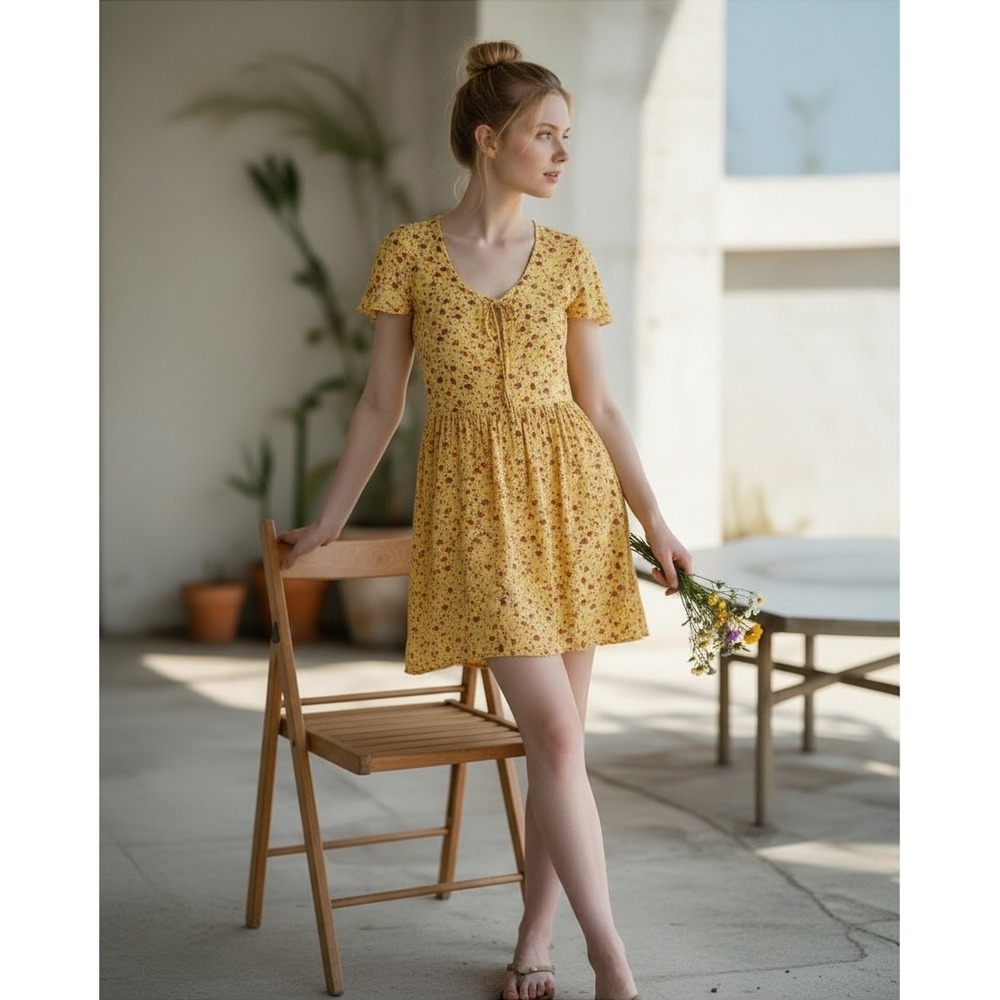 Love Fire Floral Mini Dress XS Yellow Tiered V-Neck Boho Cottagecore Summer